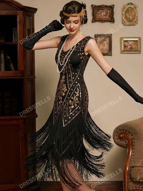 Long Fringed Gatsby Dress Women's 1920s Fringe Trim Sequin Dress Without Arm Sleeves | SHEIN USA Women Cocktail Dresses, Gatsby Dresses, Homecoming Themes, Great Gatsby Dresses, 1920's Fashion, Gatsby Dress, Dresses Aesthetic, Wedding Theme Colors, Arm Sleeves