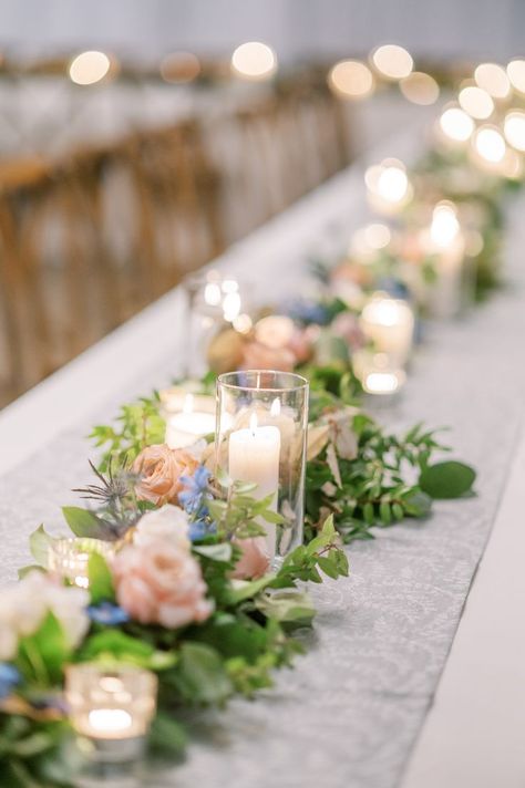 Long Low Wedding Centerpieces, Rectangular Table Florals Wedding, Center Piece Wedding Long Table, Wedding Rectangle Tables, Rectangle Table Centerpieces Wedding, Rectangle Table Centerpieces, Rectangle Wedding Tables, Low Wedding Centerpieces, Spring Wedding Centerpieces