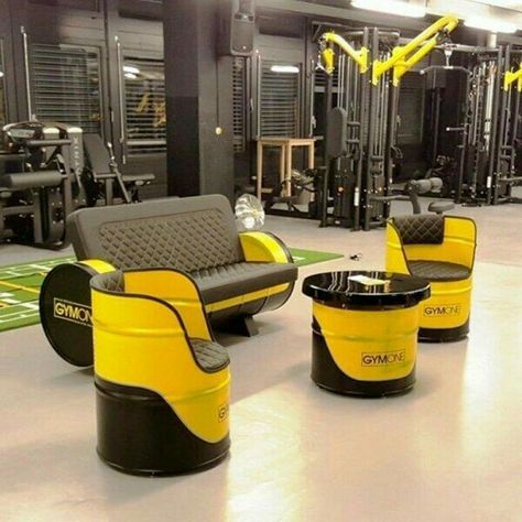 Gym Design Interior, Garage Design Interior, Used Oil, Barrel Projects, Garage Furniture, Oil Barrel, Car Part Furniture, Gym Interior, Car Furniture