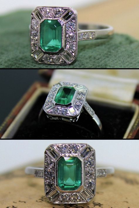 Emerald Diamond Ring Vintage, Emerald Rings Vintage, Real Emerald Engagement Ring, Vintage Emerald Engagement Ring Art Deco, Antique Emerald Ring Vintage, Art Deco Rings 1920s, Emerald Vintage Ring, Emerald Art Deco Ring, Vintage Emerald Rings