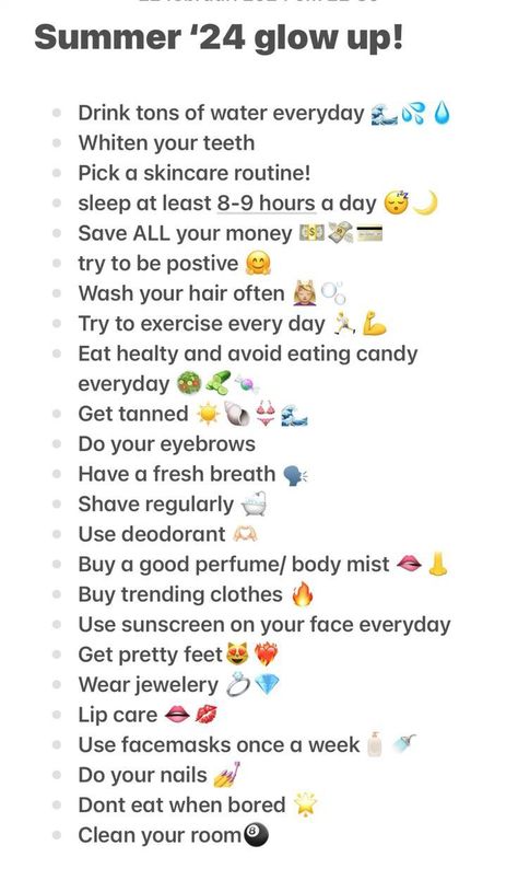 #summer #glowup #check Glow Up Checklist Morning Routine, Glow Up Tips Over Summer, Things To Do In Summer At Home Alone, Tips How To Glow Up, How To Get A Glow Up In The Summer, A Glow Up, How To Glow Up During Summer Break, Summer Glow Up For School, Glow Up Checklist School