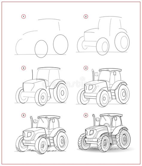 Drawing A Tractor, Tractor Sketch Drawing, Tractor Drawing Easy Step By Step, How To Draw A Tractor Easy, Cartoon Tractor Drawing, Cute Tractor Illustration, Country Drawings Easy Step By Step, How To Draw A Tractor Step By Step, Simple Tractor Drawing