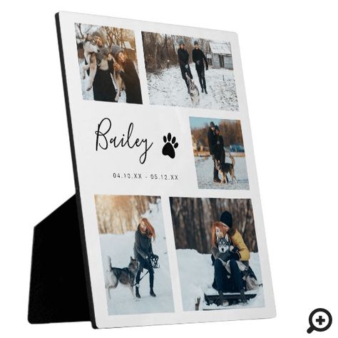 Cherish your special memories with our modern and minimal pet photo collage memorial photo plaque. Our Pet photo memorial plaque allows you to display 5 of your favorite pet photo memories to cherish in your home. A cute paw print is added beside the pet’s name. Customize with your pet’s name, photos, and year born and year past. #petmemorial #petmemory #photopet #petphotomemory petmemorialplaque #alwaysinourhearts Dog Collage, Collage Gifts, Cute Paw Print, Birthday Photo Collage, Photo Collage Gift, Birthday Photo Frame, Pet Keepsake, Framed Photo Collage, Modern Pet