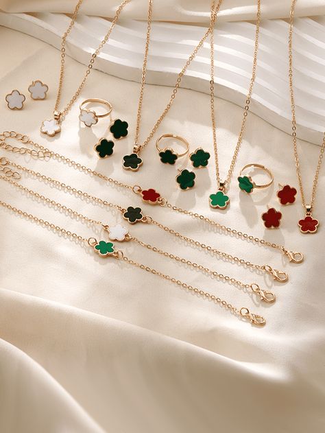 4pcs Simple Style Clover Shaped Jewelry Set Including Necklace, Earrings, Ring & Bracelet Multicolor         Women Fashion Jewelry, size features are:Bust: ,Length: ,Sleeve Length: Earrings Ring, 2024 Trends, Watches Women Fashion, Cute Jewelry, Ring Bracelet, Simple Style, Jewelry Set, Necklace Set, Ring Earrings