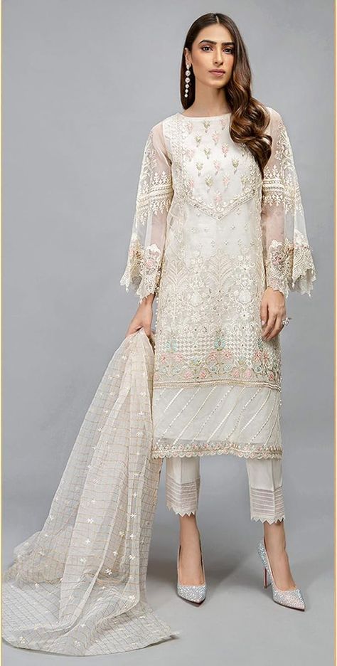 White Pakistani Straight Salwar Kameez Suit Off White Palazzo Set For Festive Eid Occasion, Festive Off White Palazzo Set For Eid, Festive Off-white Palazzo Set For Eid, Off-white Dabka Dupatta, Festive Off-white Set With Dupatta, Designer White Long Sleeve Palazzo Set, Diwali Sets With Sheer Dupatta And Long Sleeves, Sheer Dupatta Sets With Long Sleeves For Diwali, Off White Long Sleeve Sets With Sheer Dupatta