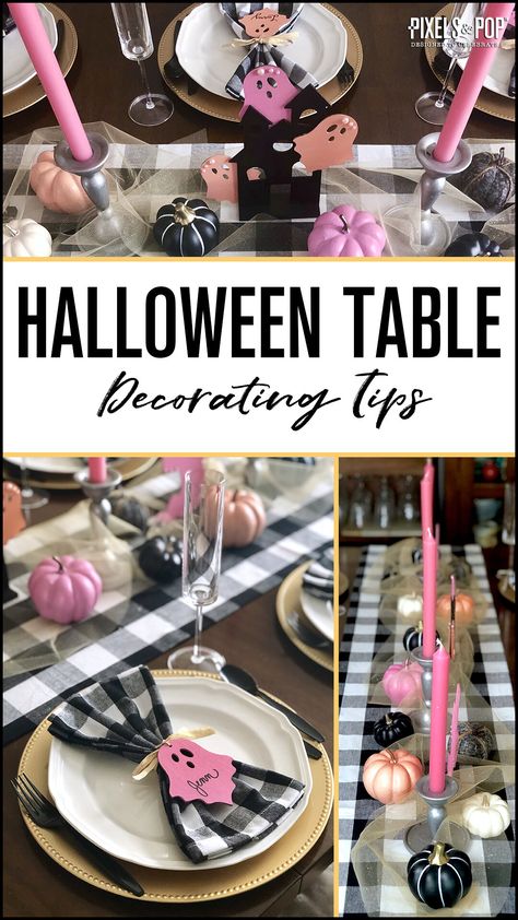 Pastel Halloween Tablescape, Pastel Halloween Table Decor, Pink Halloween Table Setting, Pink And Black Halloween Birthday Party, Pink Black Halloween Decor, Pastel Halloween Party, Halloween Sprinkles, Halloween Tablescape, Halloween Silhouettes