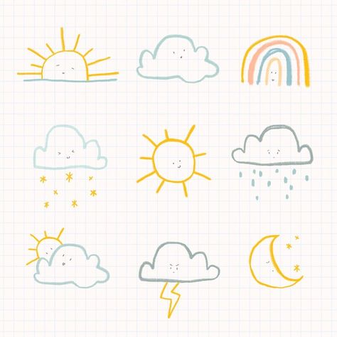 Happy Calligraphy, Illustration Rainbow, Cute Cartoon Faces, Valentines Day Doodles, Diary Sticker, Kawaii Cloud, Happy Doodles, Cute Diary, Cloud Illustration