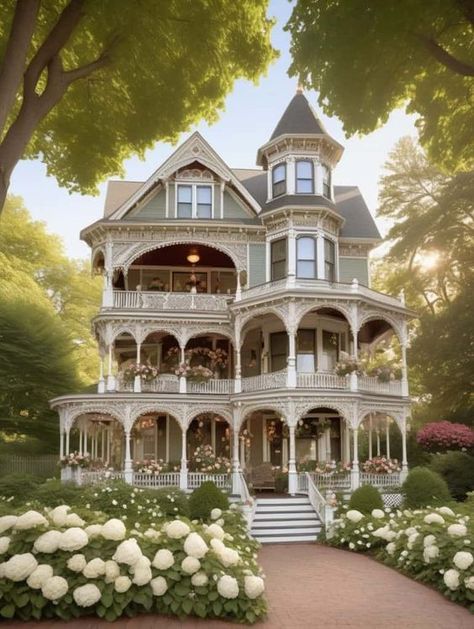 Adorned with intricate gingerbread trim, ornate railings, and stained glass accents, this Victorian-inspired wrap-around porch transports you to a bygone era. The vintage porch swing and antique wicker furniture invite you to unwind in a cozy atmosphere. Surrounded by a lush garden filled with climbing roses and hydrangeas, the porch becomes a private retreat for leisurely afternoons and tea time. Cottage Mansion, Victorian Homes Exterior, Gingerbread Trim, Roses And Hydrangeas, Victorian Porch, Victorian House Plans, Old Victorian Homes, Victorian Style House, Vintage Porch