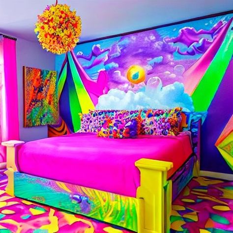 Lisa Frank Bedroom, Bedroom Ideas Organization, Kidcore Room, Purple Furniture, Weird Furniture, Colorful Room Decor, Rainbow Images, Rainbow House, Fantasy Furniture