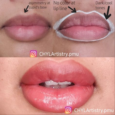 Using the technique of lip blush/neutralization to define lip shape and eliminate dark/cool tones on the lips Permanent Lip Color Tattoo On Dark Lips, Lip Neutralization Before And After, Lip Blushing Tattoo Before And After, Lip Neutralization, Cosmetic Lip Tattoo, Lip Color Tattoo, Lip Permanent Makeup, Lip Blushing, Dark Cool