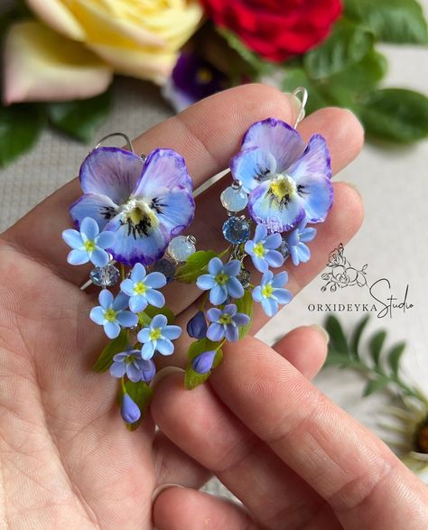 Lavender Flower Earrings For Wedding, Forget Me Not Earrings, Diy Polymer Clay Jewelry, Purple Polymer Clay, Clay Flower Earrings, Jewelry Bride, Handmade Dangle Earrings, Earrings Handmade Dangle, Clay Flower