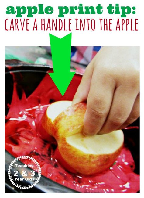 apple print art tip: carve a handle into the apple to make it easier to handle by toddlers Toddler Apple Activities, Apple Lesson Plans, Preschool Apple Theme, September Preschool, Apple Lessons, Room Activities, September Crafts, Apple Preschool, Apple Unit