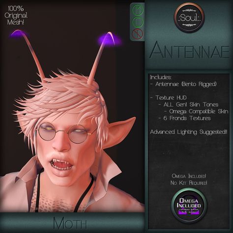 https://flic.kr/p/TLDJsH | .:Soul:. Antennae - Moth | Out at the Mainstore.  Bento Rigged! Moves with eyebrow animations. www.flickr.com/photos/soul-sl/34745769086/in/dateposted-p... Sims 4 Cc Antenna, Sims 4 Cc Alien Antennas, Spooky September, The Sims 4 Skin, Sims 4 Mm, Angler Fish, The Sims4, Sims Mods, Sims 4 Cc