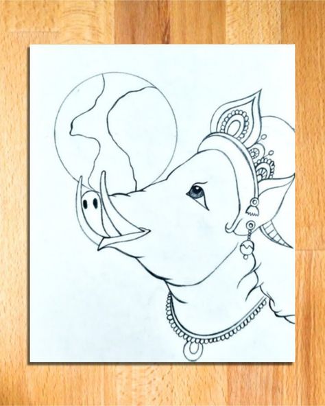 Lord Vishnu Drawing Easy, Varaha Avatar Drawing, Avatar Easy Drawing, Vishnu Drawing Easy, Varah Avatar, Lord Vishnu Drawing, Vishnu Drawing, Avatar Drawing, Holding Earth