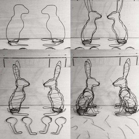 Four main stages of making the wire hares. . . . #wire #art #wiresculpture #sculpture #3d #hare #rabbit #animal #bunny #rabbitinthemoon… How To Wire Sculpture, Wire Animals Tutorials, Wire Sculpture Tutorial, 3d Wire Sculpture, Chicken Wire Sculpture Diy, Wire Animals, Chicken Wire Sculpture, Chicken Wire Art, Chicken Wire Crafts