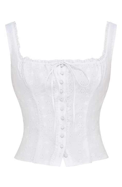 This sunny-day top is cut from delicate embroidered eyelet and finished with softly frilled edges and a dainty tie at the wide squared neckline. Exclusive retailer Square neck Sleeveless Lined 82% lyocell, 18% linen Dry clean Imported Anglaise Top, Style Chart, Lace Up Tank Top, Eyelet Embroidery, Corset Style Tops, White Corset, White Lace Top, House Of Cb, Embellished Top