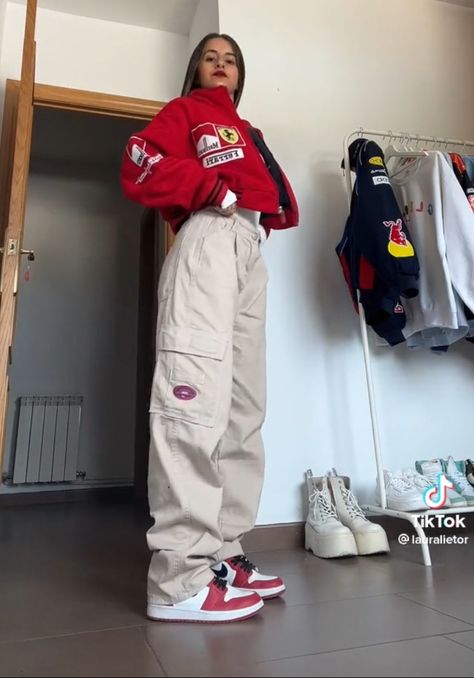 Female Streetwear Outfits Winter, Red And White Streetwear Outfit, Ferrari F1 Outfit, F1 Style Outfit, Streetware Outfits, Red Streetwear Outfit, Fancy Streetwear, Ferrari Jacket Outfit, Ferrari Outfit