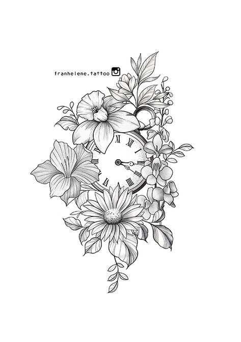 Flowers with clock tattoo design Custom tattoo design with your favorite flowers High resolution files and stencil available at - fran.helene@outlook.com Tattoo Clocks Women, Birth Clock Tattoo Design Women, Clock Flowers Tattoo, Clock Tattoo With Flowers, Tattoo Clock Design, Angel With Flowers Tattoo, Flower Sleeve Tattoo Stencil, Clock Flower Tattoo, Clock Tattoo Design Women