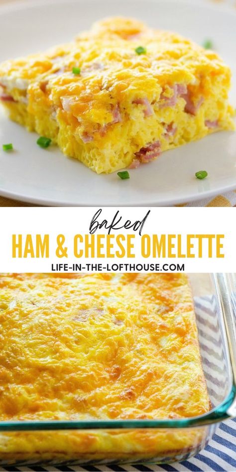 This Baked Ham and Cheese Omelette is the perfect solution when feeding a crowd. Omelette Bake Recipe, Omelets For A Crowd, Egg Omelette Casserole, Easy Breakfast Recipes For A Crowd, Omelette For A Crowd, Easy Ham And Cheese Egg Bake, Baked Omlet Recipes Easy, Egg Casseroles For Breakfast, Ham And Cheese Omelette Bake