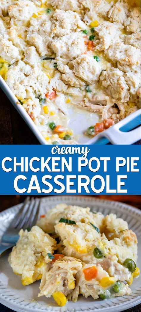 Creamy Chicken Pot Pie Casserole is an easy dinner recipe that's pure comfort food! Chicken pot pie casserole with biscuits is an easy meal with rotisserie chicken! #dinner #meal #withbiscuits #easy #homemade Meal With Rotisserie Chicken, Casserole With Biscuits, Easy Chicken Pot Pie Recipe, Creamy Chicken Pot Pie, Pot Pie Casserole, Chicken Pot Pie Filling, Chicken Pot Pie Casserole, Comfort Food Chicken, Pot Pie Filling