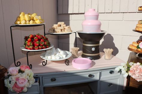 Baby Shower Chocolate Fountain, Pink Chocolate Fountain Bar, Chocolate Fountain Gender Reveal, Pink Chocolate Fountain, Fondue Bar, Chocolate Fountain Bar, Court Outfits, 13th Birthday Party Ideas For Girls, Dessert Table Party