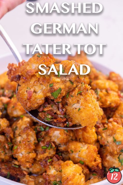 Warm Smashed Tater Tot Salad | 12 Tomatoes Tater Tot Salad, Tater Tot Potato Salad, Tator Tots Recipes Side Dishes, Tater Tot Side Dish, Warm Side Dishes, Smashed Tater Tots, Tator Tot Recipe, Tater Tot Appetizers, German Dishes