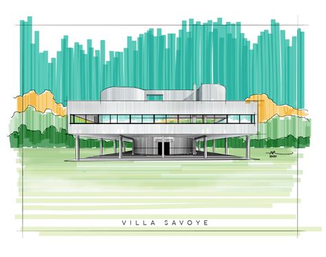 Villa Sketch Architects, Villa Savoye Drawing, Le Corbusier Architecture Sketch, Villa Savoye Sketch, Marker Sketch Architecture, Le Corbusier Sketch, Le Corbusier Drawings, Sketchbook Architecture, Architect Sketchbook