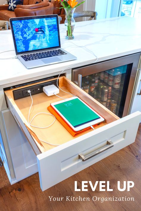 Don't let cell phones, tablets and a mess of tangled cords take away from your beautiful kitchen design. 🔌 Add a dedicated charging station to your kitchen remodel to keep countertop clutter at a minimum, level up your kitchen organization and make the most of your kitchen space. Tap the link learn more about our most popular drawer charging outlet, the Docking Drawer Blade Duo, which can charge up to 8 devices at one time.   #kitcheninspo #kitchenorganization #kitchenstorageideas Cabinet Color Combinations, Kitchen Colors Ideas, Kitchen Scullery, Docking Drawer, Kitchen Cabinet Color, Cabinet Color, Kitchen Cabinet Colors, Kitchen Inspiration Design, Pantry Design