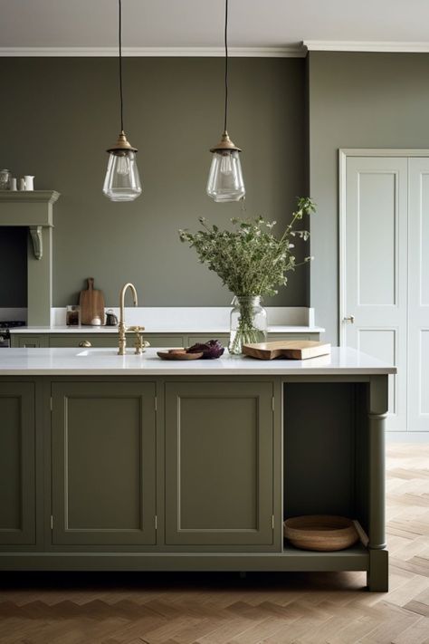 Farrow and Ball Treron - How to Use this Beautiful Dark Green in Your Home - Melanie Jade Design Neptune Green Kitchen, French Grey Farrow And Ball Kitchen, Farrow And Ball Studio Green Kitchen, Parquet Floor Kitchen, Dark Painted Kitchen, Dark Green Kitchen Walls, Kitchen Paint Colors With White Cabinets, Kitchen With Green Walls, Green Walls Kitchen