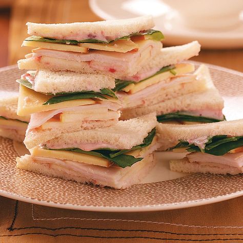 Turkey, Gouda & Apple Tea Sandwiches Recipe -Cut into triangles or quarters, these fun mini sandwiches are a tasty addition to an afternoon tea gathering. The cranberry mayo lends an original flavor twist, and the apples give them a sweet-tart crunch. —Taste of Home Test Kitchen Tartiflette Recipe, Autumn Tea Party, Bread Spread, Tea Sandwich, Tea Party Sandwiches, Tea Sandwiches Recipes, Multigrain Bread, Turkey Sandwich, Party Sandwiches