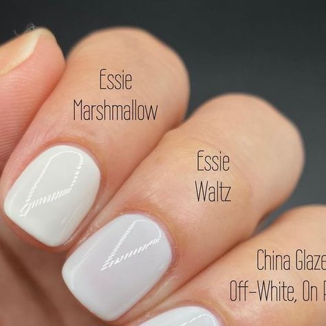 Larissa on Instagram: "The color difference here is not important because there is none. Marshmallow has a veeerrryyyyy slight off-white undertone but you only see it next to other whiter whites. Otherwise you would just think it’s white on your nails. The point here is how these whites build up, so scroll to slide 2 of this post and that’s where the interesting information is. . . . . . . . . . . . . #comparison #comparisonswatchsunday #colors🎨 #colorinspiration #colorcrush #nailpolishlover #nailpolishswatch #nails #nailpolishlovers #nailsdone #nailpolishaddict #nailstoinspire #nailspiration #nailpolishjunkie #diynails #essiewaltz #essiemarshmallow #opifunnybunny #chinaglazeoffwhiteonpoint #whitenails #essie #opi #chinaglaze" Essie Marshmallow Nails, Opi White Colors, Marshmallow Nail Polish, Whiter Whites, Essie Marshmallow, White Nail Polish, Color Crush, Interesting Information, China Glaze