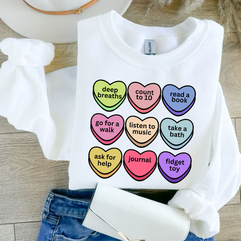 Valentines Day Sweatshirt, Mental Health Matters, Coping Skills, Conversations Heart Candy, Conversation Hearts Religious Valentines, Romance Tropes, Valentines Sweater, Valentines Sweatshirt, Valentines For Singles, Christian Valentines, Galentines Gifts, Jesus Sweatshirts, Mommy Outfits