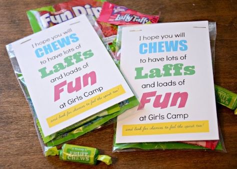 My Young Women are getting ready to go to Girl's Camp next week.     I'm not going this year, but I love to send up a little treat to give ... Faith Walk Ideas Girls Camp, Camp Treats, Girls Camp Handouts, Girls Camp Gifts, Yw Handouts, Pillow Treats, Lds Girls Camp, Girls Camp Crafts, Lds Yw