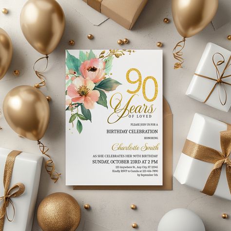 Floral 90th Birthday Invitation Template, Printable 90th Birthday Invitation for Women, 90th Birthday Party, Simple Birthday Invite BD9001 90th Birthday Invitations Ideas, 90th Birthday Party Invitations, 100 Birthday Invitation, 90 Birthday Invitations, 90th Bday Invitation, 90th Birthday Party, 90th Birthday Invitations, 90's Birthday Party, Simple Birthday