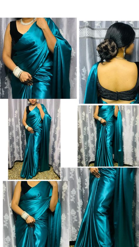 Teal satin saree with velvet backless blouse. Saree With Velvet Blouse, Velvet Blouse, Backless Blouse, Satin Saree, Velvet Blouses, Blouse Price, Saree Collection, Saree, Velvet