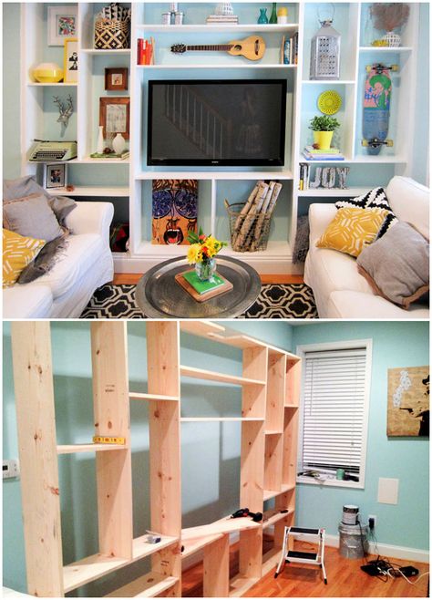 15 Easy DIY Built in Shelves (How to Build Yours) Living Room Shelves Diy, Diy Shelving Around Tv, Adding Bookshelves Living Rooms, Building Built In Cabinets And Shelves, Built In Shelves With Doors, Diy Wall Shelving Unit, Bookcase Wall Ideas, Diy Wall Display Shelves, Building Shelves Into Wall