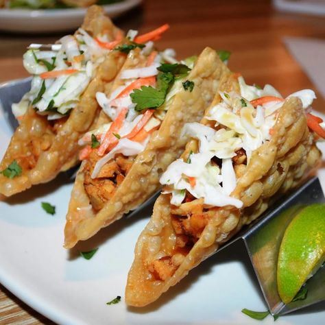 Chicken Wonton Tacos Chicken Wonton Tacos, Egg Salad Recipe Healthy, Dumpling Wrapper, Wonton Tacos, Easy Egg Salad, Chicken Wontons, Homemade Coleslaw, Dumpling Wrappers, Ground Chicken Recipes