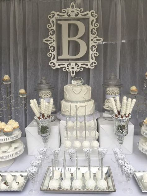 Click here for original picture Pearl Birthday Party, Candy Station Wedding, Winter Wonderland-party, White Party Theme, Winter Bridal Showers, Cakes And Desserts, Wedding Reception Ideas, Candy Station, Diamonds And Pearls