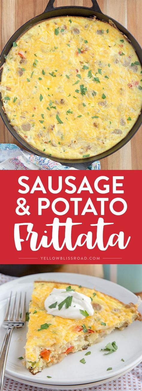 This Sausage & Potato Frittata filled with all the makings of a delicious, hearty breakfast - eggs, veggies, al fresco Country Style Chicken Sausage and Simply Potatoes Shredded Hash Browns - and all in one skillet for a quick and easy breakfast! Hash Brown Frittata, Country Style Chicken, Easy Hashbrowns, Simply Potatoes, Potato Frittata, Sausage Potato, Sausage Hash, Shredded Hash Browns, Hashbrown Breakfast Casserole