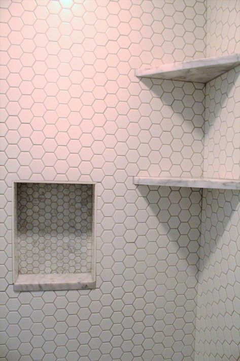 Small Square Bathroom, Shampoo Niche, Triangle Shelves, Square Bathroom, Triangle Shelf, Shower Storage, Downstairs Loo, Bathroom Goals, Toilet Design