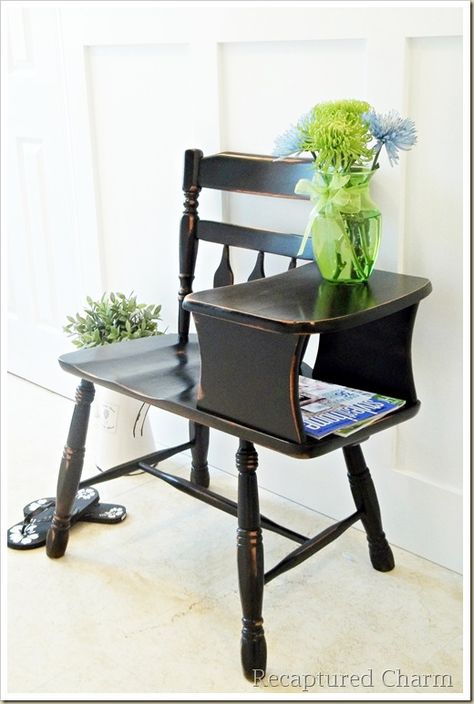 OK, if I ever get a land line again, I think that's an excuse to have a gossip bench as well. Phone Bench, Gossip Benches, Gossip Chair, Telephone Chair, Vintage Telephone Table, Telephone Bench, Black Telephone, Shabby Chic Cabinet, Gossip Bench