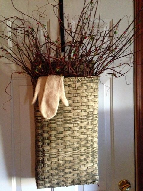 Love the white basket filled with vines and a sweet pair of mittens. Primitive Baskets, Decorating With Snowmen, Door Baskets, Winter Interior Design, Primitive Decor Ideas, Target Home, Vintage Decorations, White Basket, Old Baskets