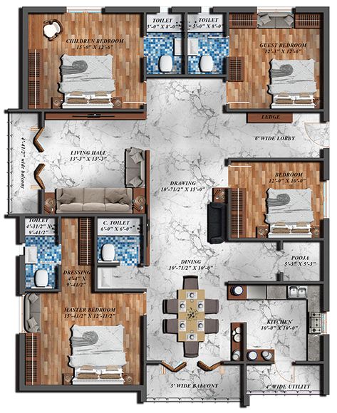 4 BHK Floor Plan on Behance Render Plan, Floor Plan Ideas, Room Cinema, Hospital Office, 4 Bedroom House Designs, F Design, Single Floor House Design, Three Bedroom House Plan, 3d Floor Plan