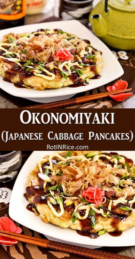 Okonomiyaki, savory Japanese Cabbage Pancakes topped with shrimps, bacon, and a variety of sprinkles. Delicious slathered with mayonnaise and okonomiyaki sauce. | RotiNRice.com #osakaokonomiyaki #okonomiyaki #japanesepancake Cabbage Pancakes Okonomiyaki Sauce, Japanese Cabbage Pancake, Japanese Pancake Okonomiyaki, Japanese Sauces, Vegetarian Dressing, Japan Cooking, Cabbage Pancakes, Japanese Cabbage, Okonomiyaki Recipe