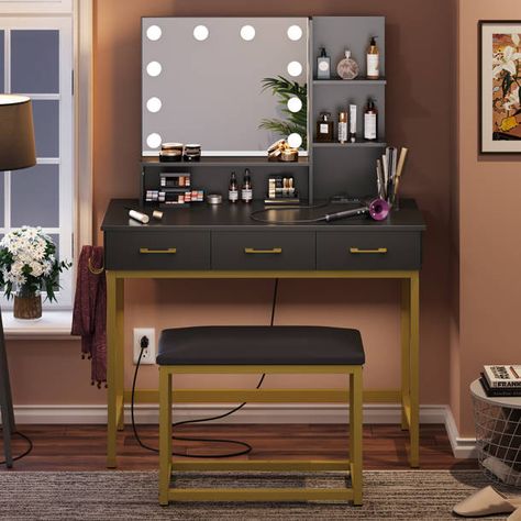 Willa Arlo Interiors Rowan Vanity & Reviews | Wayfair Wood Makeup Vanity, Metal Minimalist, Makeup Vanity Desk, Desk Stool, Makeup Vanity Set, Bedroom Makeup Vanity, Mirrored Vanity Desk, Make Up Desk Vanity, Phone Chargers