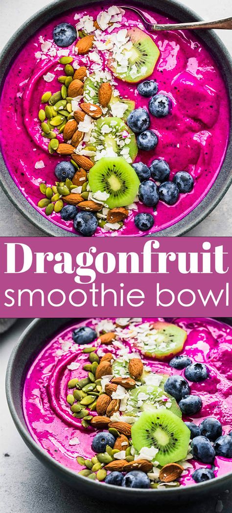 Breakfast never looked so good! This vibrant Dragon Fruit Smoothie Bowl is a thick and creamy smoothie made with pitaya, tropical fruit, and almond milk. It’s the perfect, healthy way to start the day. // smoothie bowl recipe // pink smoothie bowl Dragon Fruit Smoothie Bowl Recipe, Acai Bowl Recipe Easy, Breakfast Smoothie Bowl Recipes, Fruit Smoothie Bowl, Dragon Fruit Smoothie Bowl, Smoothie Bowls Recipe Easy, Lunch Saludable, Bowl Recipes Easy, Smoothie Bowl Recipe Healthy