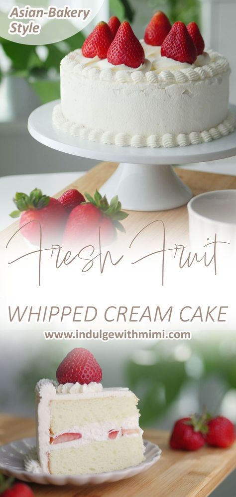 Fresh cream cake on a cake stand with strawberries on top with other party cookies and donuts on the side. Strawberry Chiffon Cake, Strawberry Chiffon, Asian Bakery, Delicious Strawberry Cake, Asian Cake, Strawberry Cake Recipes, Strawberry Cakes, Chiffon Cake, Fresh Cream