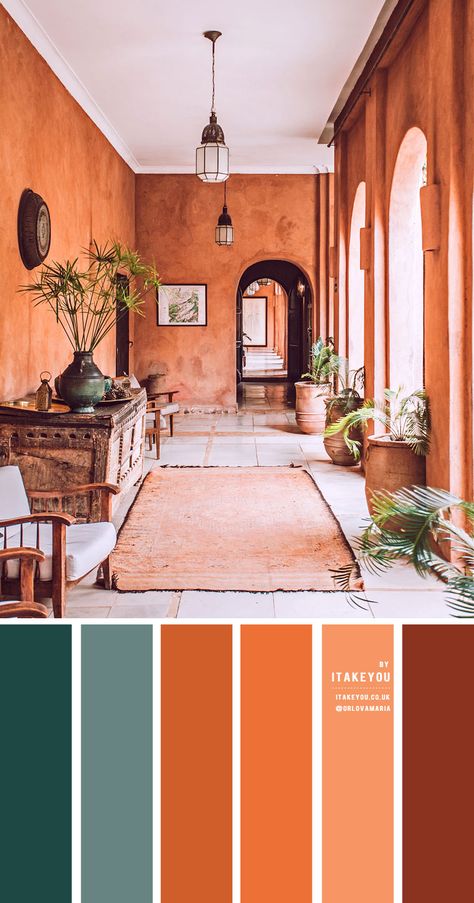 Terracota Green Color Palette, Bathroom Green Terracotta, Dark Teal And Terracotta Bedroom, Color Combinations Bathroom, House Colour Themes, Dark Blue And Terracotta Living Room, Terracotta Colour Combinations, Terracotta Pink Living Room, Terracota Bathroom Color Schemes