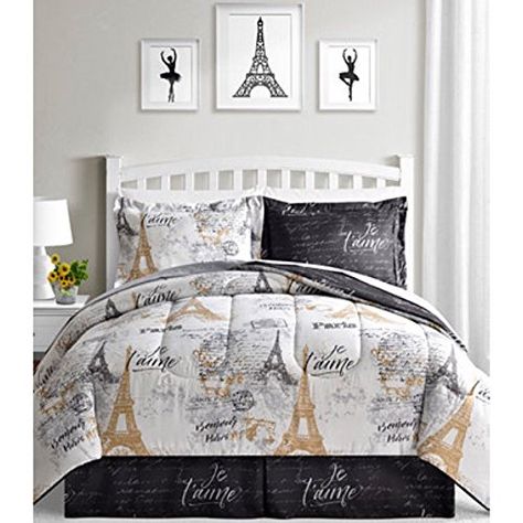 BonJour Paris, Eiffel Tower, Black, White & Gold Reversible Twin Comforter Set (6 Piece Bed in A Bag) + Homemade Wax MELT Best Quilted Comforter, Set USA Paris Bedroom Ideas For Teens, Paris Room Decor, Full Comforter Sets, Paris Rooms, Paris Bedroom, Twin Comforter Sets, Bedroom Bedding, Reversible Comforter, Twin Comforter