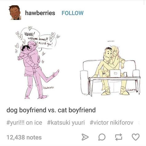 "Who is your favorite character?" "The one with black hair and the cute boyfriend that acts like a pet." Dog Boyfriend, Cat Boyfriend, Yurio X Otabek, Yuri On Ice Comic, Victor Nikiforov, Yuri Plisetsky, Ice Skaters, Ice Ice Baby, Sports Anime